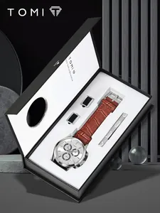 Coffret cadeau montre à quartz TOMI pour homme avec bracelet en cuir marron en boîte