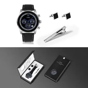 Coffret Montre Business pour Hommes TOMI Montre à Quartz Avec Boutons de Manchette Et Pince à Cravate Bracelet en Similicuir Boîtier en Alliage