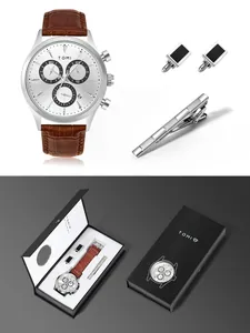 Coffret montre à quartz business TOMI avec bracelet en cuir boutons de manchette et pince