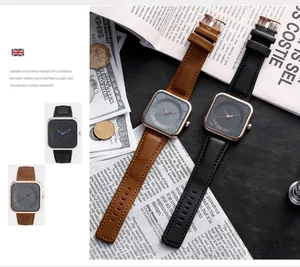 Vue détaillée de la montre à quartz carrée minimaliste TOMI avec bracelet en cuir