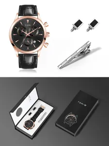 Set montre à quartz TOMI homme avec bracelet cuir, boutons de manchette et pince à cravate