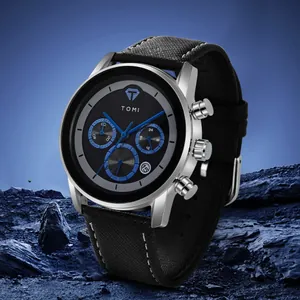 Montre à quartz TOMI pour hommes avec bracelet noir et accents de cadran bleus