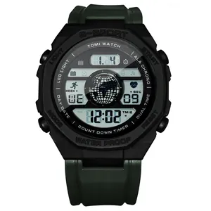 Montre de sport numérique multifonctionnelle vert foncé avec affichage LED et alarme