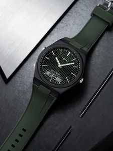 Détail de la montre sport TOMI avec bracelet en silicone texturé vert et affichage