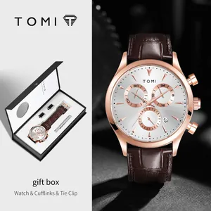 Coffret cadeau montre à quartz TOMI pour homme avec bracelet en cuir et accessoires