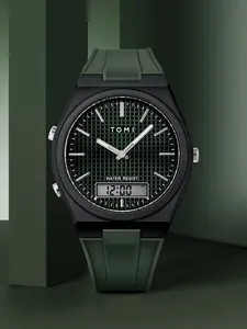 Détail de la montre de sport TOMI pour hommes avec un cadran texturé à grille verte