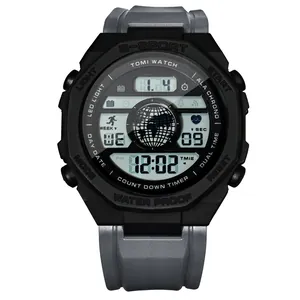 Montre de sport numérique homme noire et grise avec affichage LED et silicone