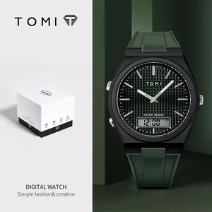 Montre numérique de sport TOMI pour hommes avec bracelet en silicone vert et boîte.