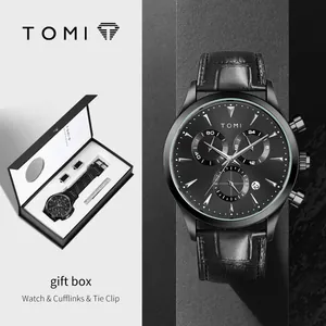 Ensemble Boîte Cadeau Montre à Quartz Affaires Homme Montre Bracelet en Cuir Tendance Avec Boutons de Manchette et Pince à Cravate