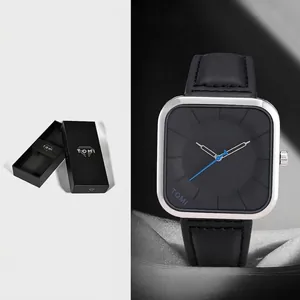 Montre à quartz minimaliste TOMI élégante avec cadran noir carré et bracelet en cuir noir