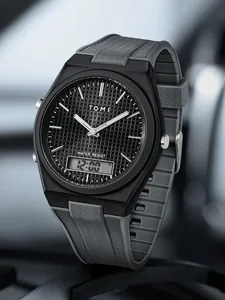 Gros plan d'une montre de sport TOMI noire avec affichage analogique-numérique et bracelet gris