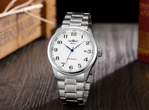 Detailansicht der T-WINNER automatischen mechanischen Uhr mit weißem Zifferblatt.
