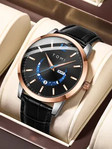 Close-up of TOMI fashion watch with moon phase and calendar on elegant leather strap