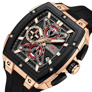 Reloj de lujo para hombre MINI FOCUS en forma de tonel con esfera esqueleto y caja de oro rosa