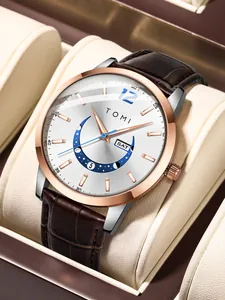 Close-up of TOMI fashion watch featuring brown leather strap and sun-moon phase dial