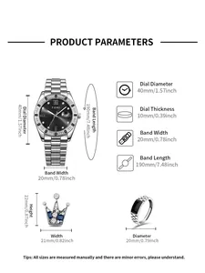 Spécifications techniques et paramètres de taille pour montre TOMI et bijoux.