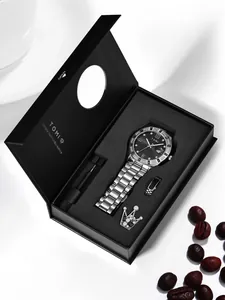 Coffret montre de luxe en acier argenté pour homme avec bague et boîte cadeau de marque
