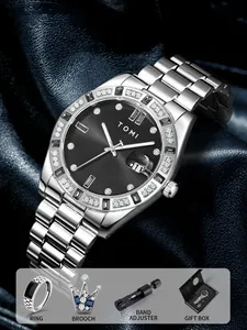 Coffret Montre Affaires TOMI pour Homme Acier Inoxydable Quartz Calendrier Zirconia Incrusté Bague en Alliage Broche Bijoux