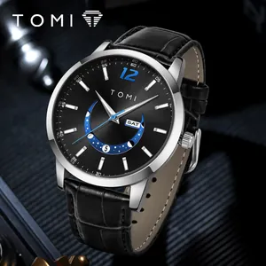 TOMI minimalist fashion round watch with black leather strap and calendar display for men