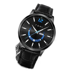 Fashionable TOMI round wristwatch with black leather strap and blue moon phase dial