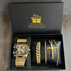 Detailed shot of Oulm gold watch set with crystal bracelet and cross necklace in gift box