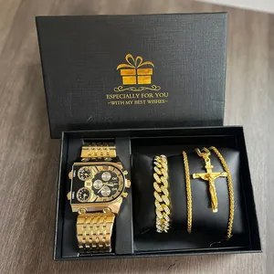 Elegant Oulm gold watch gift set with iced cuban bracelet and crucifix necklace