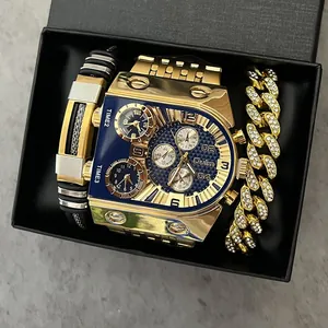 Luxe Oulm multi-timezone quartz watch set with gold cuban chain and black bracelet
