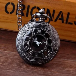 Vintage Pastoral Stil Quarz Taschenuhr Hohl Blume Geschnitzt Römische Ziffern Legierung Halskette Taillenkette Herren Damen