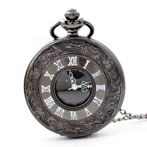 Antike schwarze Quarz-Taschenuhr mit römischen Ziffern und filigraner Blumen-Gravur