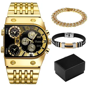 Oulm men's multi-time zone gold watch set with crystal cuban bracelet and black box