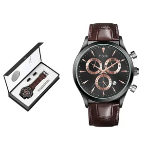 Coffret Montre à Quartz TOMI pour Homme avec Bracelet en Cuir Marron et Boîte Cadeau de Luxe