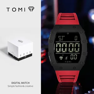 TOMI professionelle digitale Sportuhr für Herren mit rotem Silikonarmband und schwarzem Gehäuse