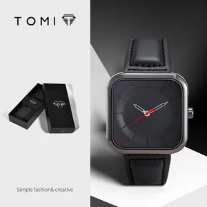 Montre à Quartz Carrée Minimaliste TOMI pour Hommes Femmes Boîtier en Alliage Bracelet en Cuir PU Montre-Bracelet de Mode Affaires Coffret Cadeau Inclus