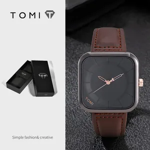 Montre à quartz carrée TOMI avec bracelet en cuir marron et cadran noir minimaliste