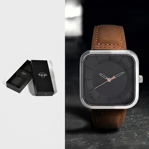 Montre à quartz carrée minimaliste TOMI avec bracelet en cuir marron