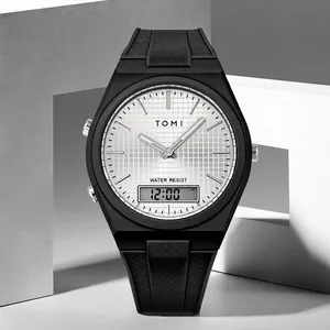 Montre de sport TOMI minimaliste avec bracelet silicone noir et double affichage