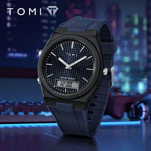 Montre de sport TOMI pour homme avec bracelet en silicone bleu et double affichage numérique