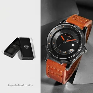 Minimalistische TOMI-Modeuhr mit schwarzem Zifferblatt und braunem Lederarmband für Herren
