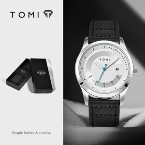TOMI Modeuhr mit schwarzem Lederarmband und silbernem Zifferblatt in Box