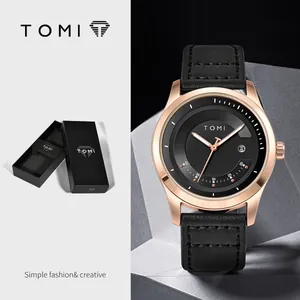 TOMI Quarzarmbanduhr mit roségoldenem Gehäuse und schwarzem Lederarmband mit Datum