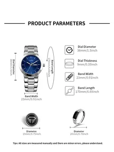 Product specifications for men's watch, brooch and ring gift set with measurements