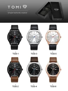 Six styles of TOMI fashion watches with leather straps and day-date display