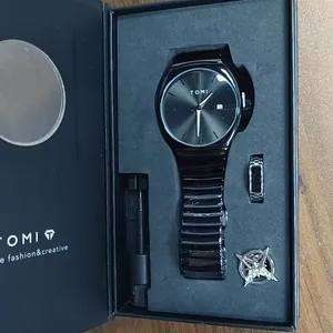 Coffret cadeau montre à quartz noire TOMI pour homme avec bague et accessoires en métal