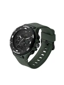 Vue détaillée de la montre de sport TOMI à double affichage avec bracelet en silicone vert.