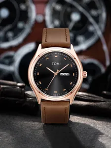 TOMI minimalist rose gold watch with brown leather strap and dual calendar display
