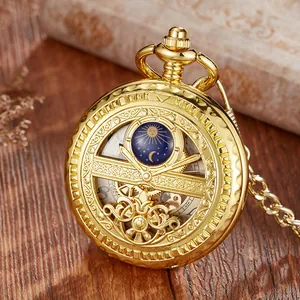 Montre de Gousset Mécanique Squelette Rétro Vintage Or Argent Noir Steampunk Phase de Lune Avec Chaîne Cadeau