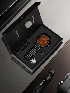 Coffret cadeau montre à quartz TOMI pour homme avec bracelet en métal et outils de réglage noirs