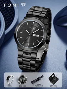 Luxury black men's quartz watch gift set with ring, brooch and band adjuster