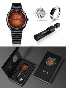 Vue détaillée du coffret cadeau montre à quartz TOMI pour homme avec bague et outil