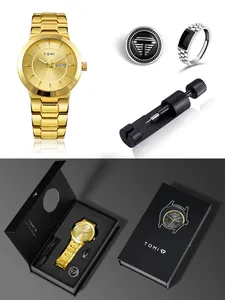 Complete men's watch gift set including gold watch, brooch, ring, and tool in a box